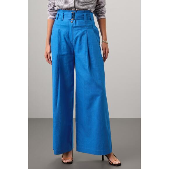 Eudon Choi‎ Wide Leg Linen Trousers Blue High Rise Pants Pleated Belted Sz 10 - Picture 1 of 16